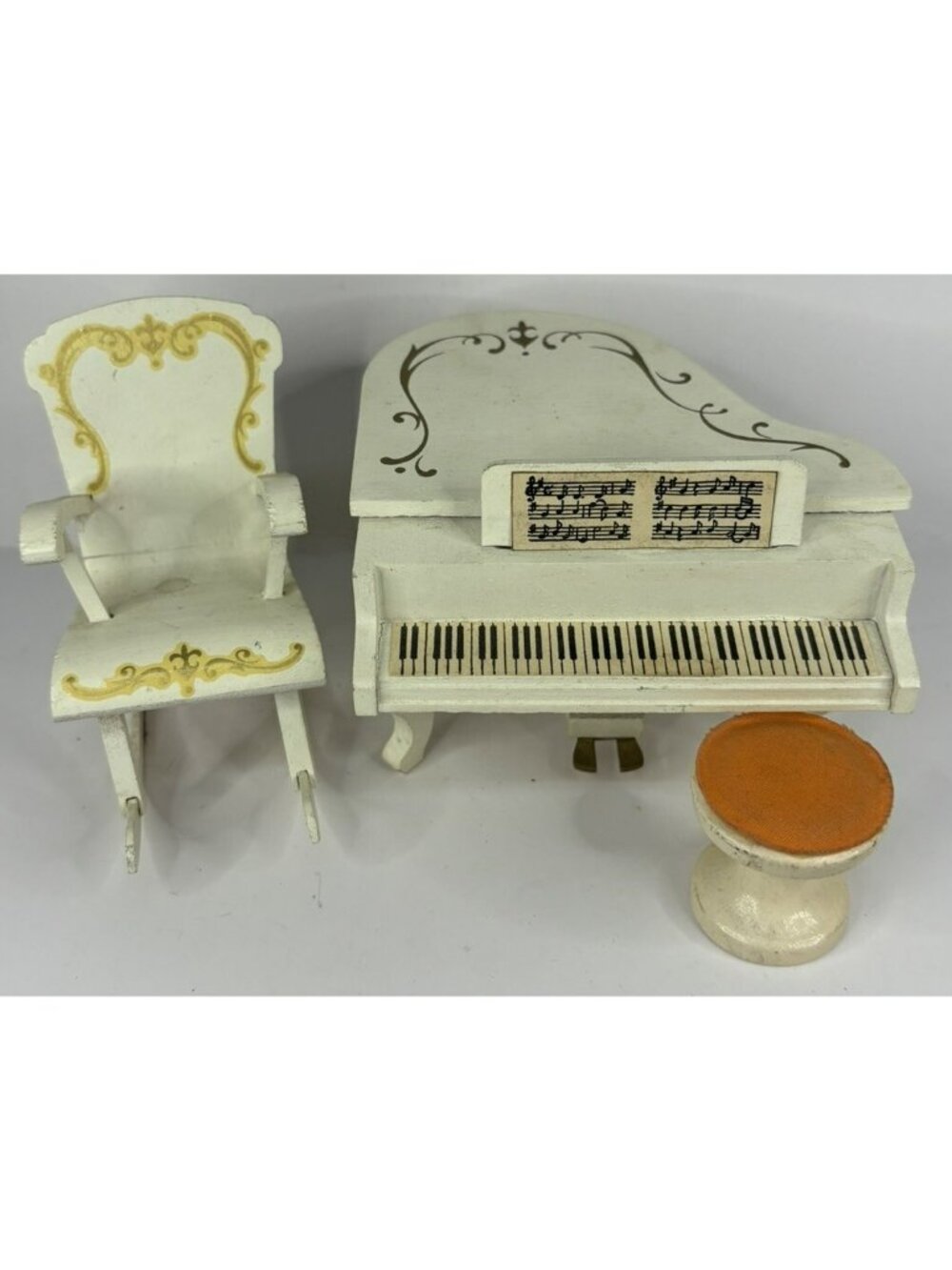 Vintage 1:16 Lundby Dollhouse Miniature Furniture White Grand Piano Stool Chair